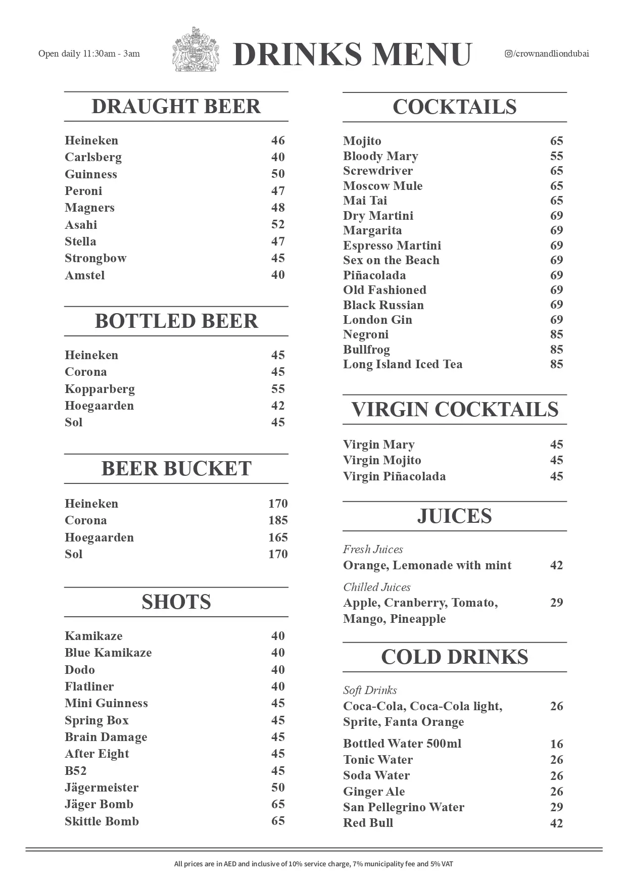 Crown & Lion English Pub Drinks Menu