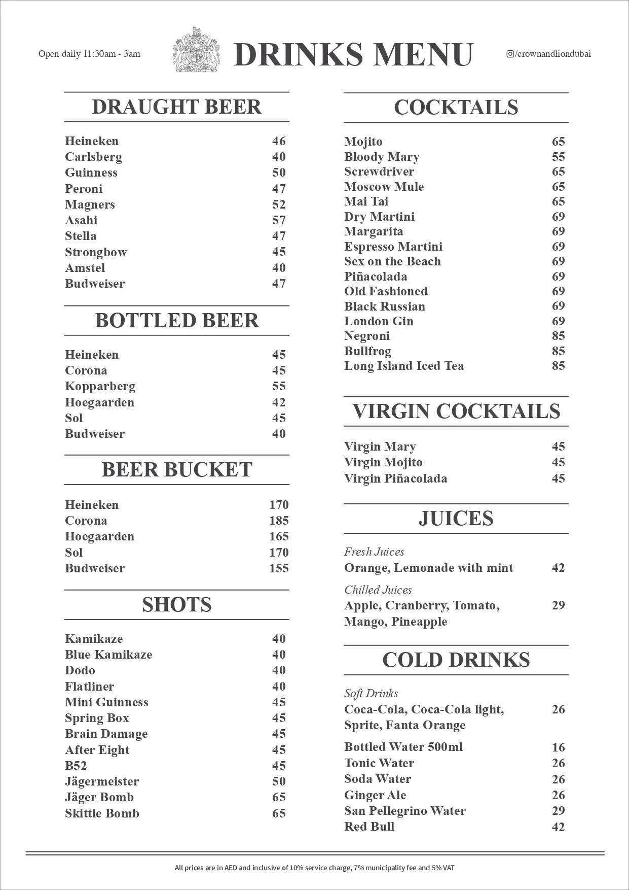 Crown & Lion English Pub Drinks Menu