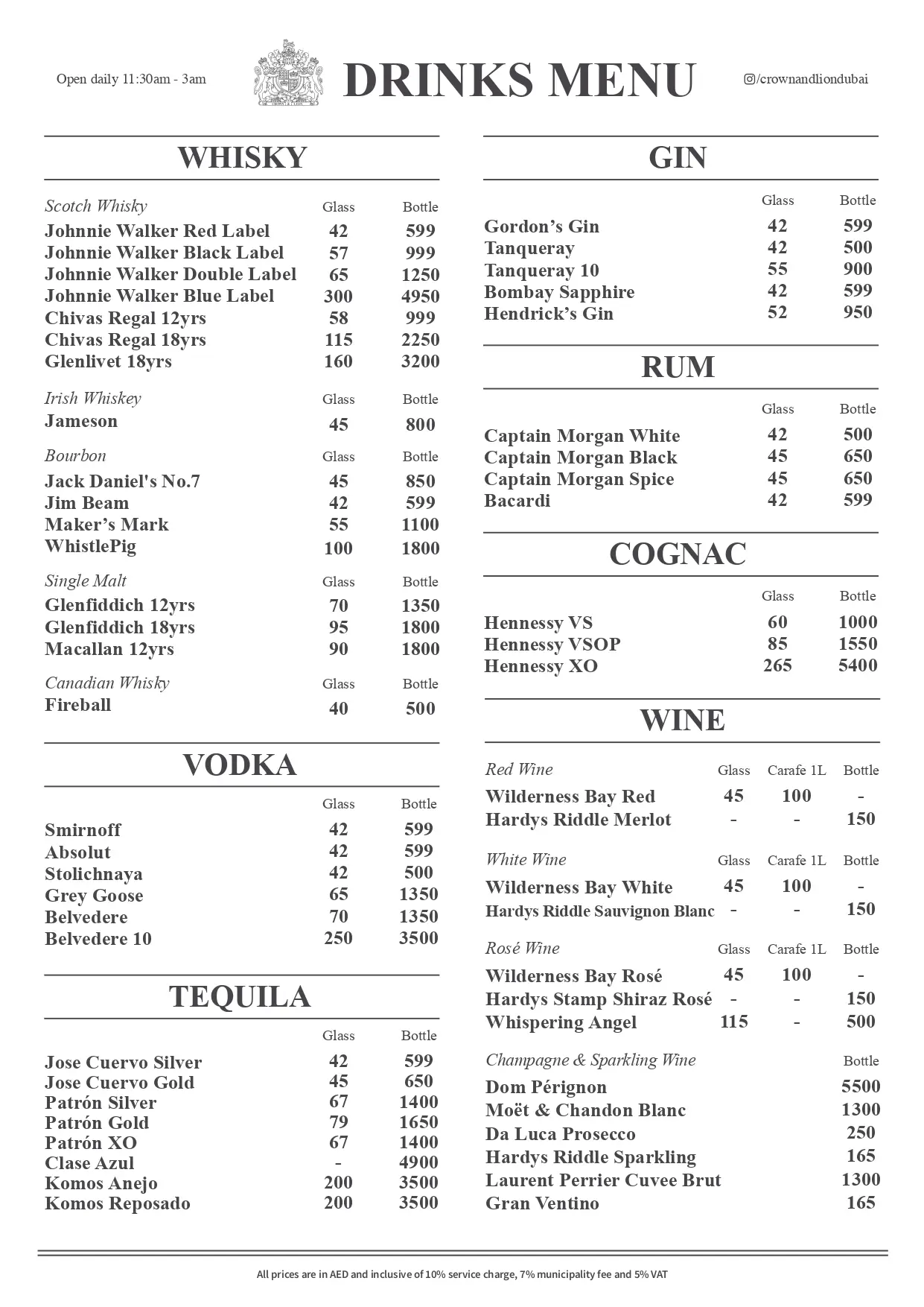 Crown & Lion English Pub Drinks Menu