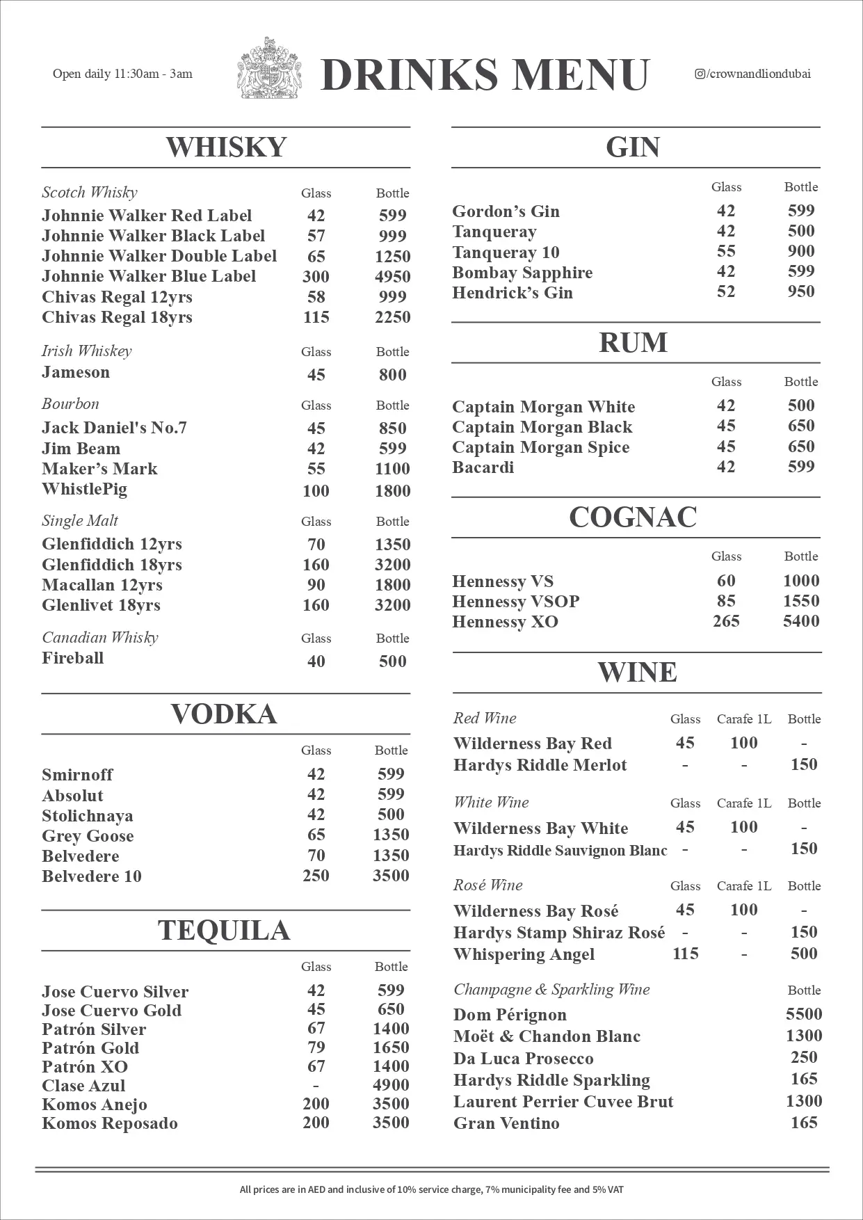 Crown & Lion English Pub Drinks Menu