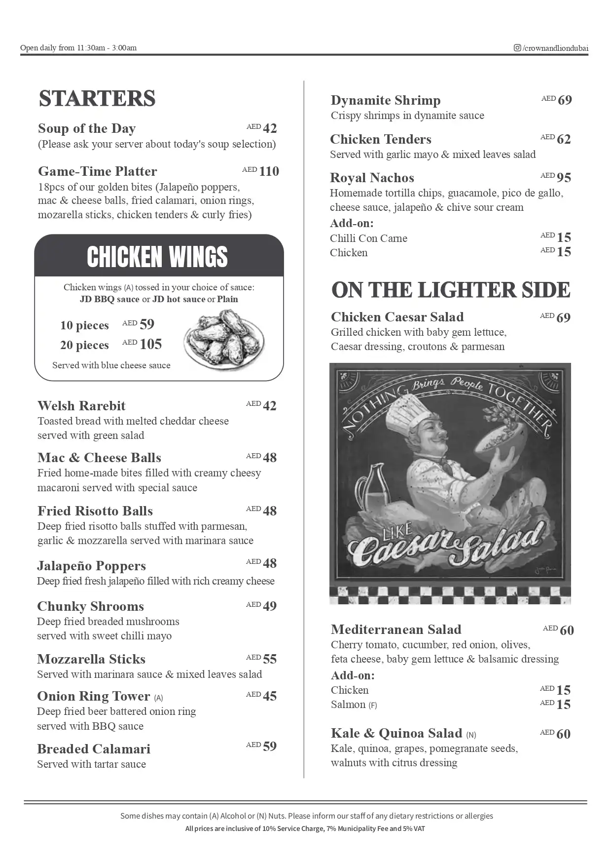 Crown & Lion English Pub Food Main Menu