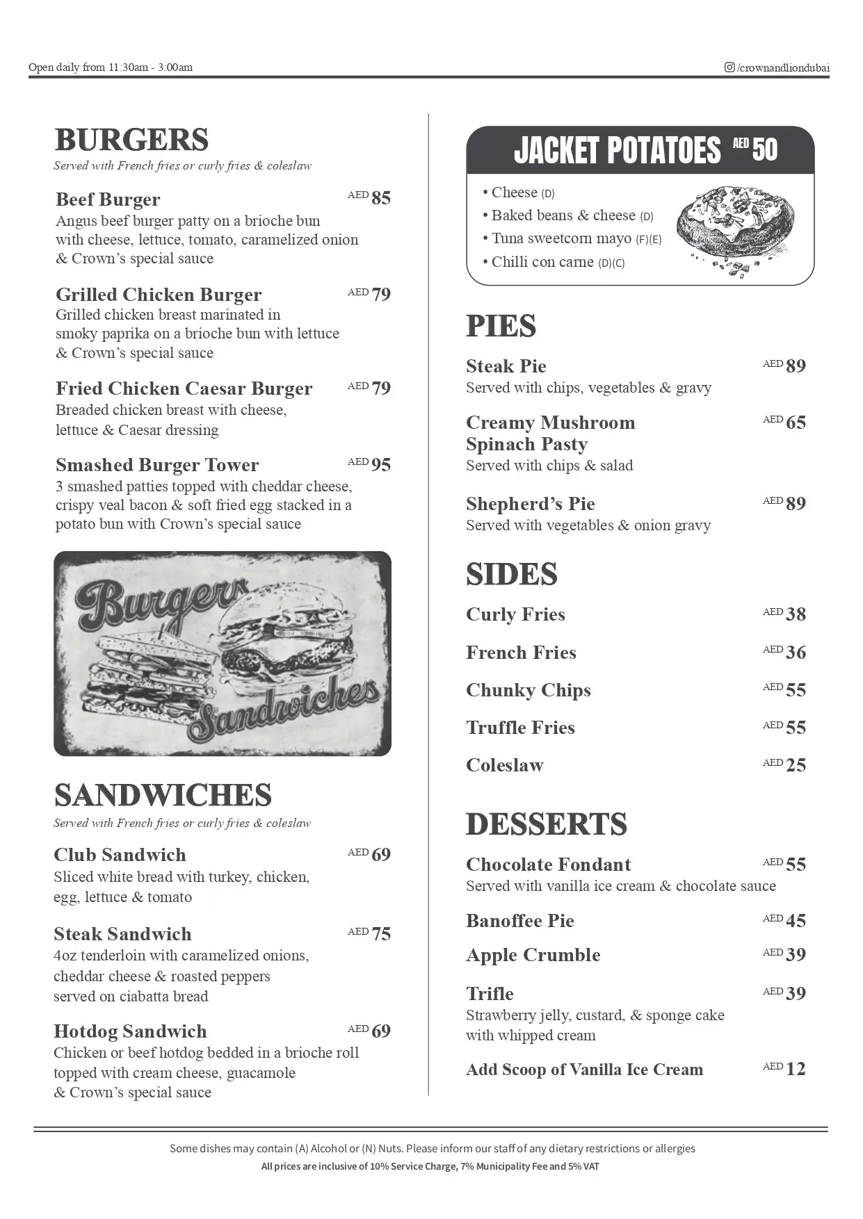 Crown & Lion English Pub Food Main Menu