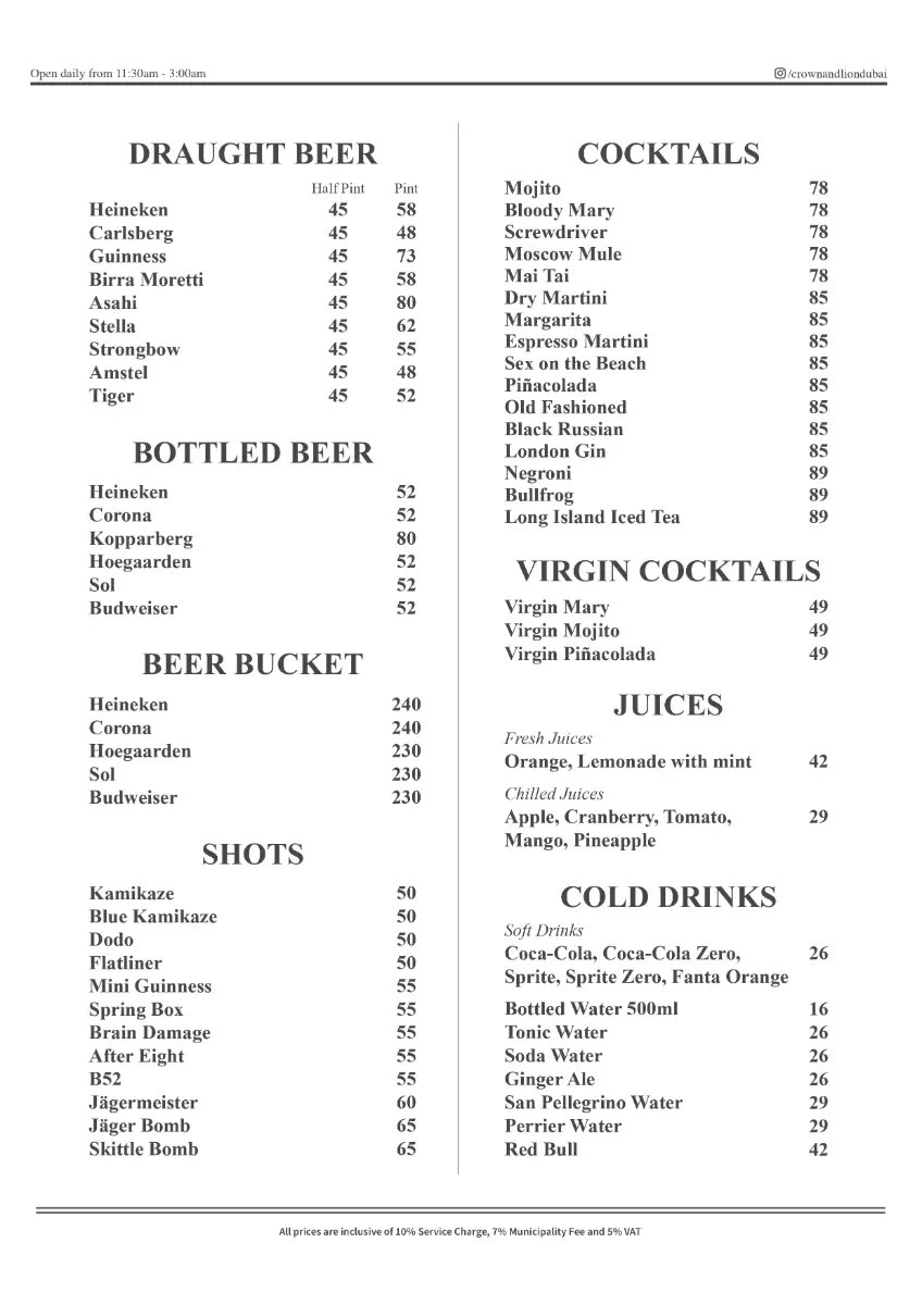 Crown & Lion English Pub Drinks Menu