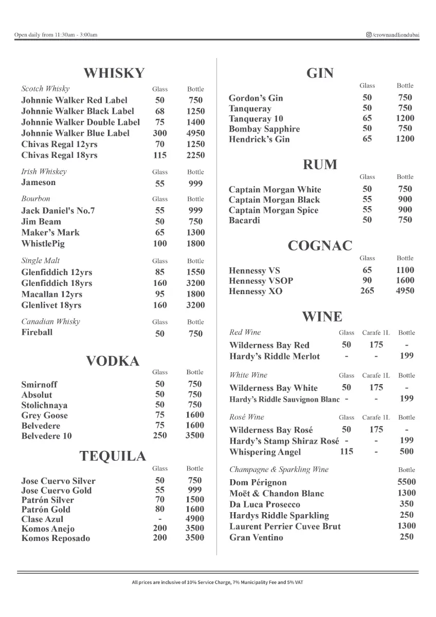 Crown & Lion English Pub Drinks Menu