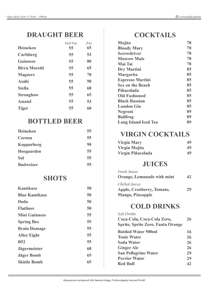 Crown & Lion English Pub Drinks Menu