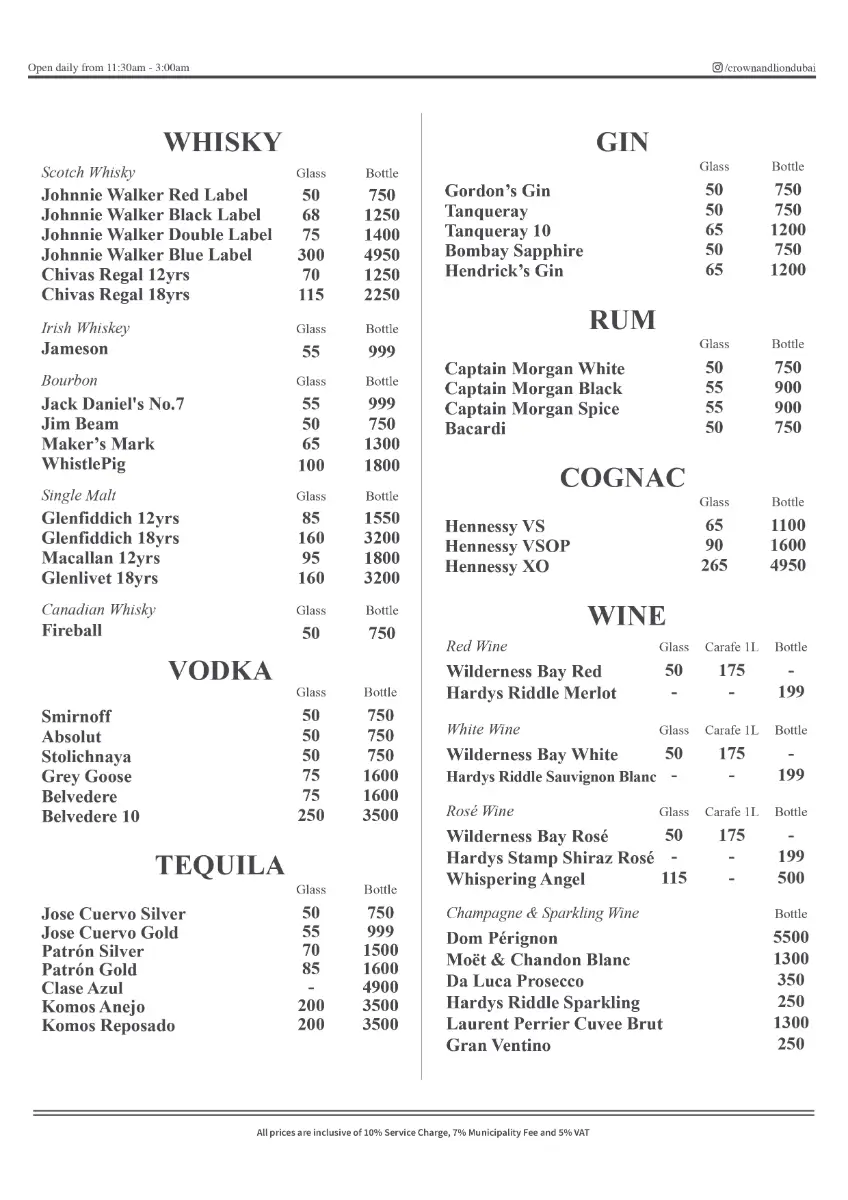 Crown & Lion English Pub Drinks Menu