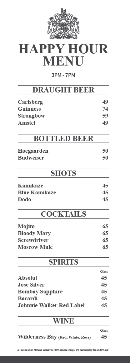 Crown & Lion English Pub Happy Hour Menu