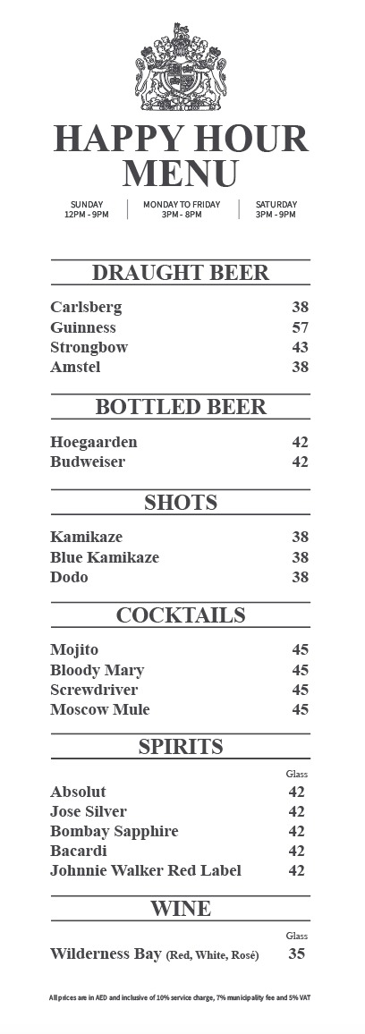 Crown & Lion English Pub Happy Hour Menu