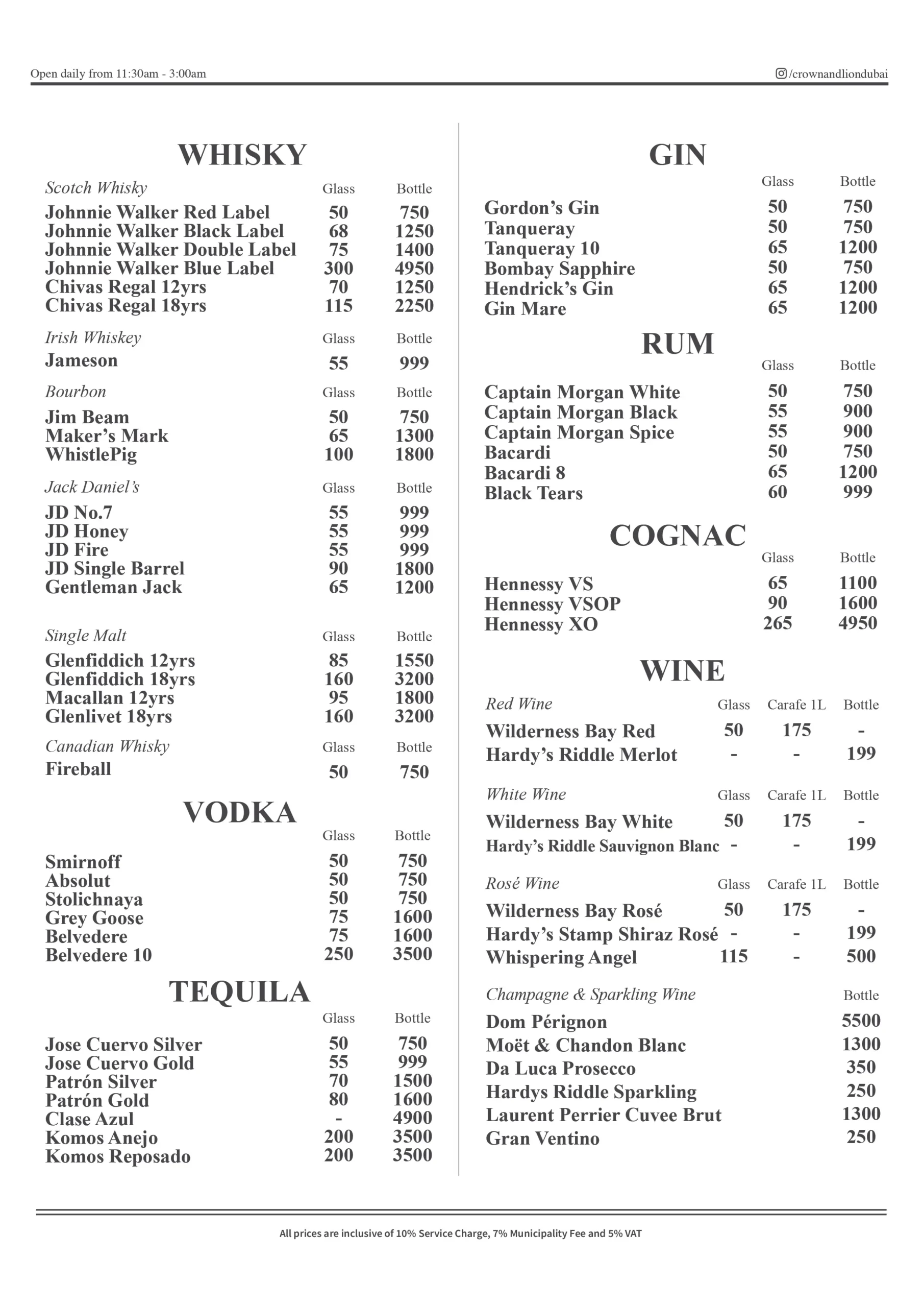 Crown & Lion English Pub Drinks Menu