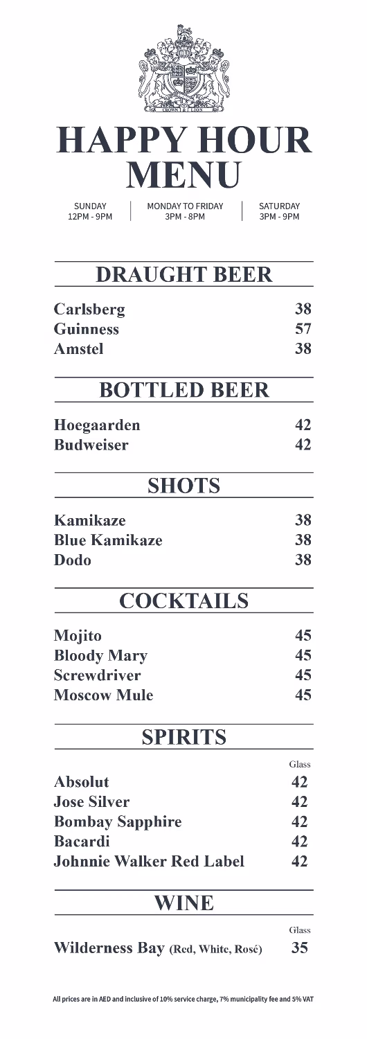 Crown & Lion English Pub Happy Hour Menu