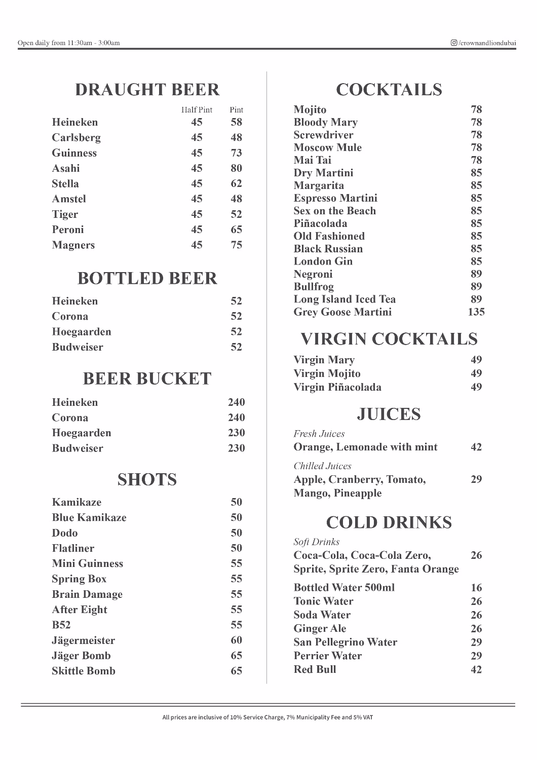 Crown & Lion English Pub Drinks Menu