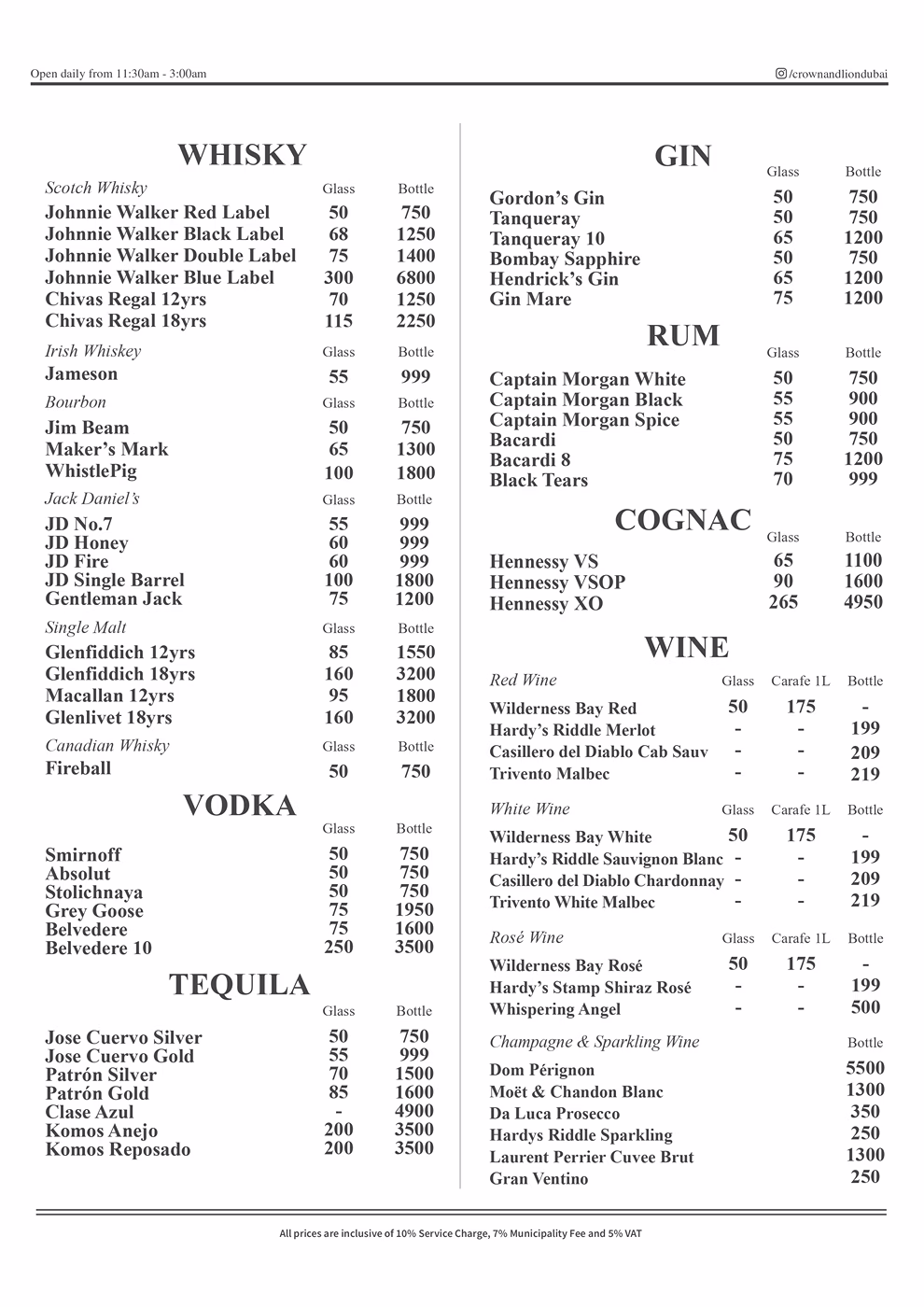 Crown & Lion English Pub Drinks Menu