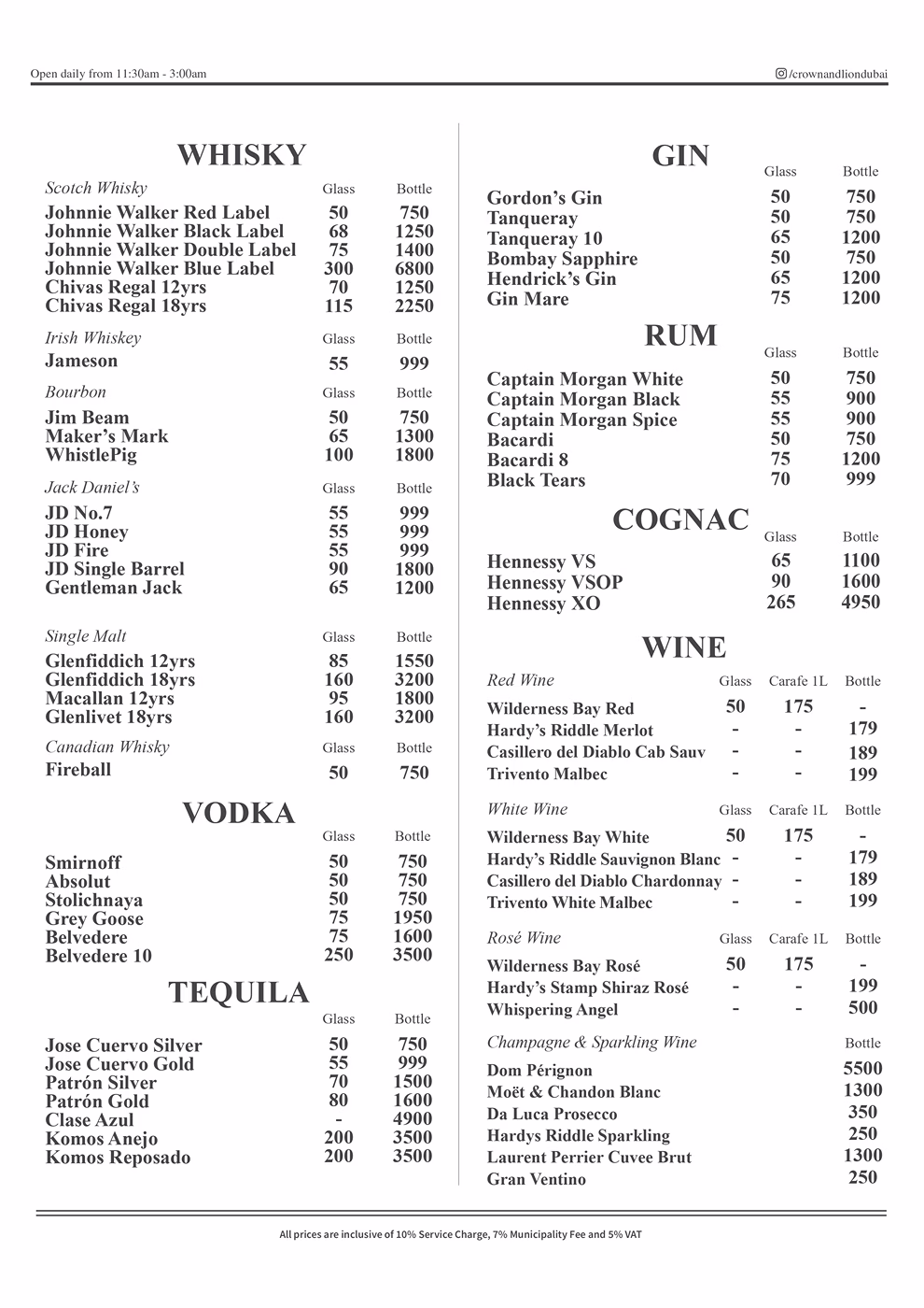 Crown & Lion English Pub Drinks Menu