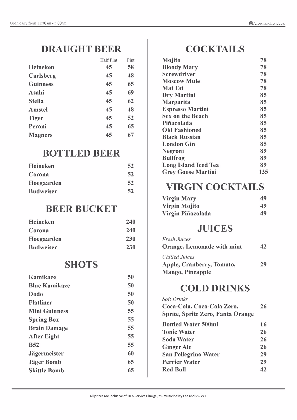 Crown & Lion English Pub Drinks Menu