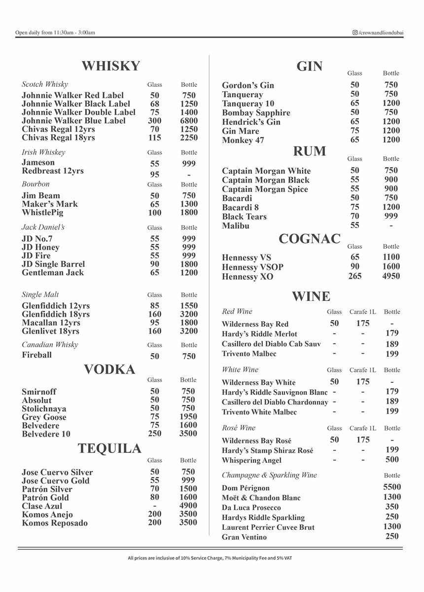 Crown & Lion English Pub Drinks Menu