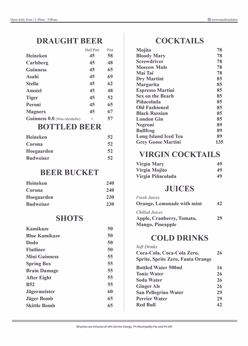 Crown & Lion English Pub Drinks Menu