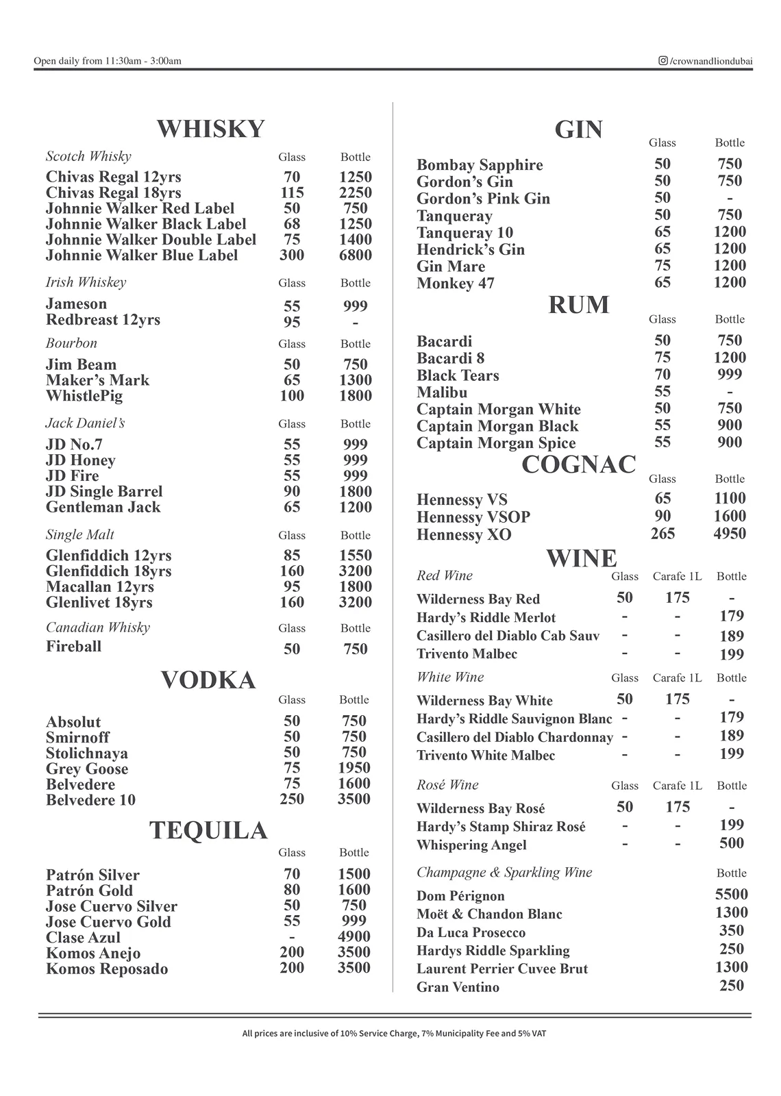 Crown & Lion English Pub Drinks Menu