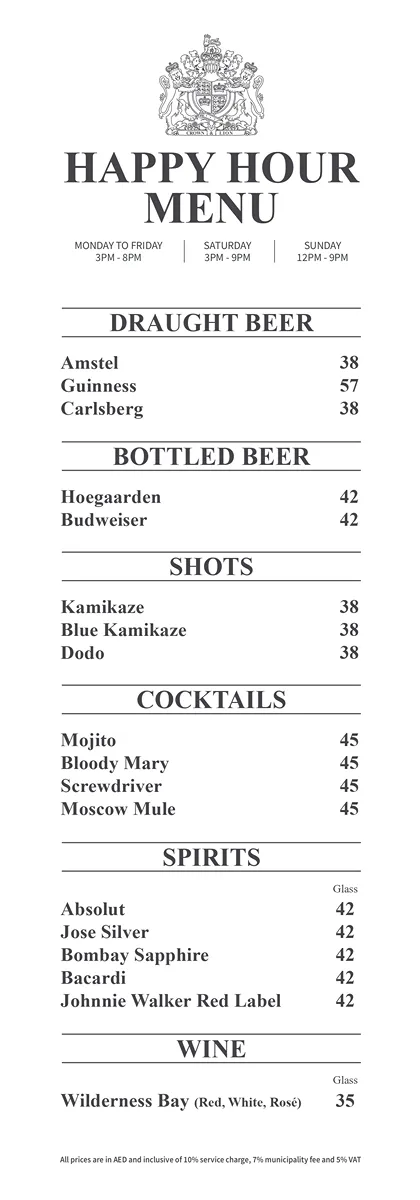 Crown & Lion English Pub Happy Hour Menu