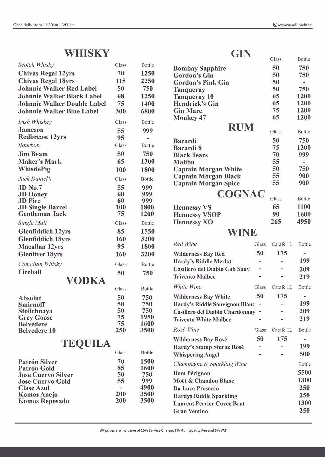 Crown & Lion English Pub Drinks Menu