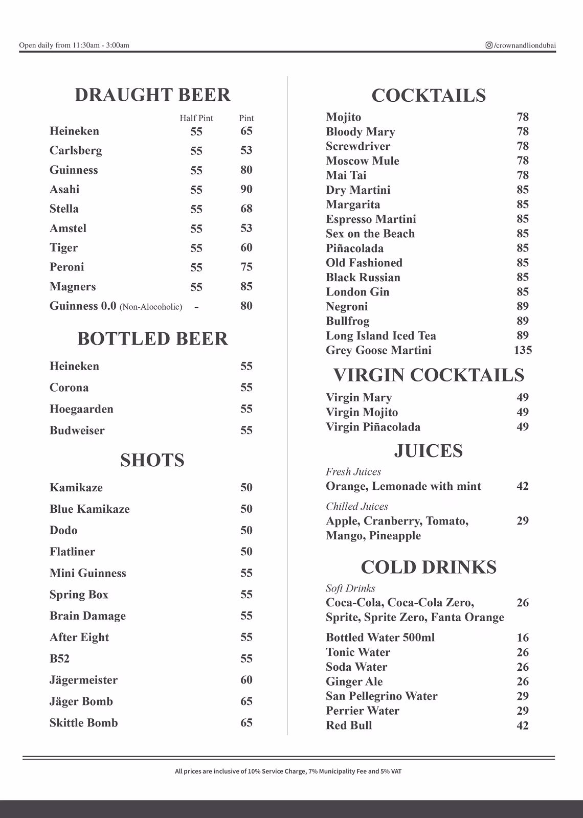 Crown & Lion English Pub Drinks Menu