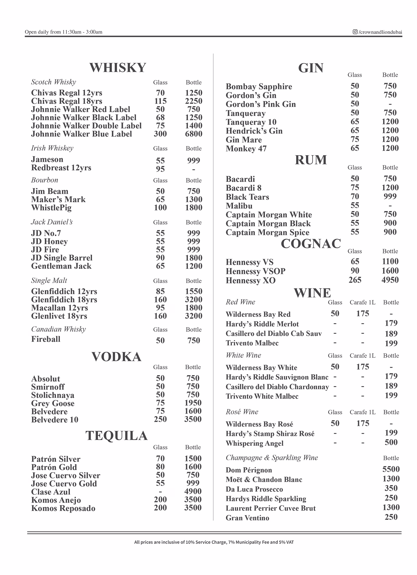 Crown & Lion English Pub Drinks Menu