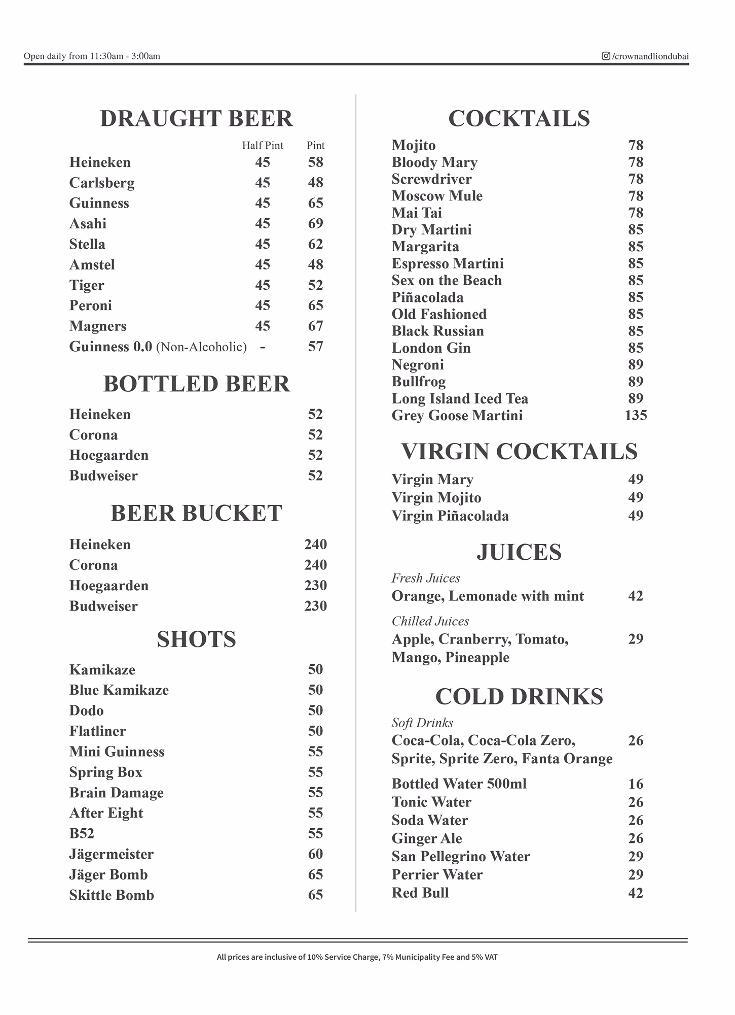 Crown & Lion English Pub Drinks Menu